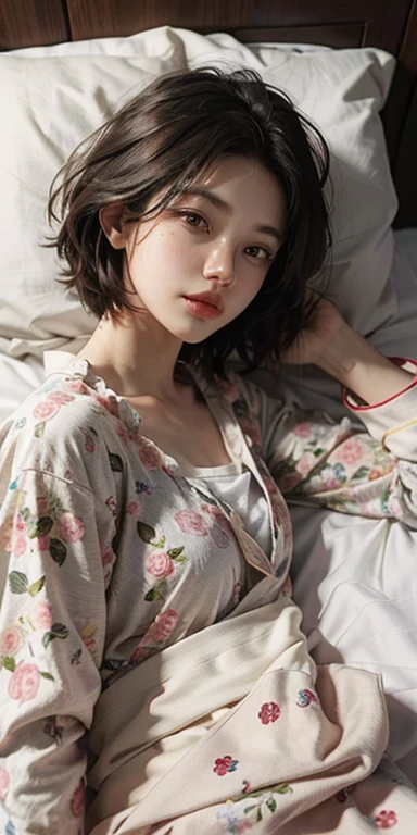 Cute girl lying face down on the bed and staring at you, 22 years old, Realistic, She wears a short, She is wearing floral pajamas, short hair.Shoulder Bare、Chest visible from the front