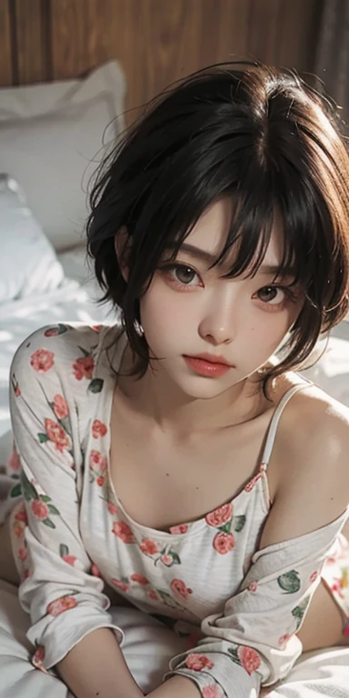 Cute girl lying face down on the bed and staring at you, 22 years old, Realistic, She wears a short, She is wearing floral pajamas, short hair.Shoulder Bare、Chest visible from the front