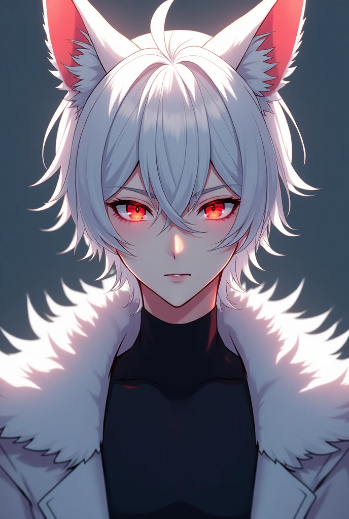 Anime image of a man who is 1.80 meters tall, with white hair and fox ears, with beautiful red eyes 