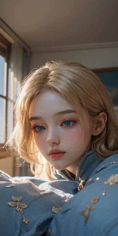 (masterpiece: 1.2, Portraiture, Highest quality), Realistic, (Live Action, Intricate details, Written boundary depth), Highest quality, masterpiece, Attention to detail, semi-Realistic,  Sleeping in bed, shy, 21 years old, Short Blonde, blue eyes, pajamas, Slim figure、Canopy bed、 sleeping beauty,　Old Russian house 