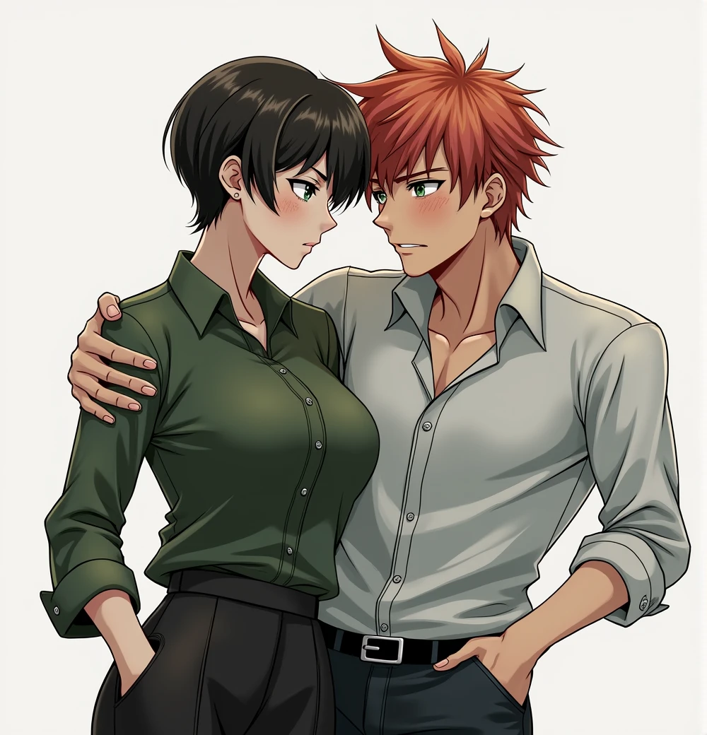 2 people, Handsome guy with red hair, green eyes, Freckles, hugs a woman with very short black hair, serious face, black eyes, anime art, realistically, masterpiece, Beautiful, realistically