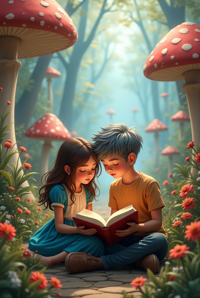 age Alice with brown hair and cute teenboy with gray hair , reading a book together in wonderland