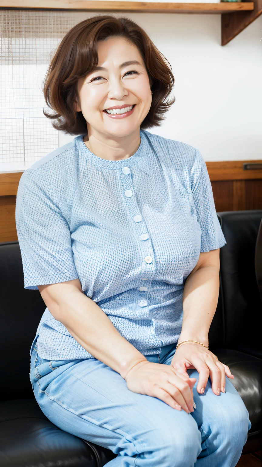 Standing in the park, Wrinkles around the eyes, Smiling with teeth showing, Plain short-sleeved clothing, senior citizen, Draw lips correctly, Red lipstick, No discomfort, 16K, Highest quality, Very detailed, Realistic, Very detailed肌, (Japanese), (alone), 100 years old, Large Breasts, , Glamour, sexy, Chromo White Skin, Staring straight ahead,