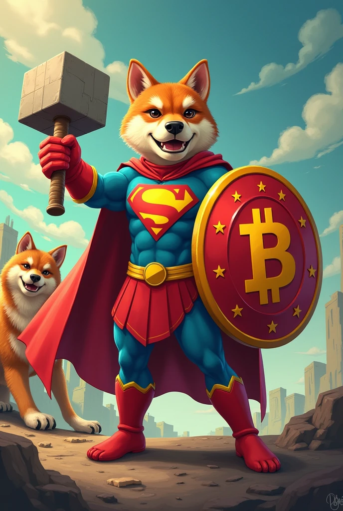 Generate an image of Chapolin with his hammer and Bitcoin shield defeating a bear, with your Shiba Inu dog with Dog Shield, a trending cryptocurrency market