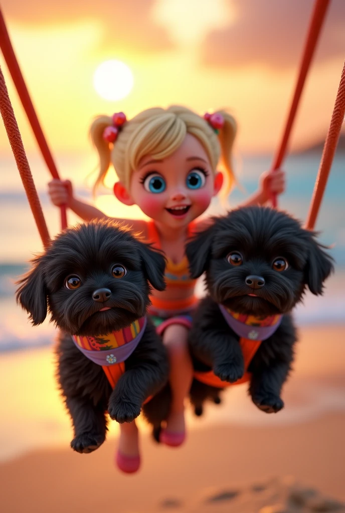 cute adorable 2 black shih tzu puppies, cute blonde girl, extremely detailed, big blue eyes, wearing colorful collar and bandana, riding zip line, 3D Pixar style, at beach, sunrise in background, photorealistic, (best quality,8k,highres,masterpiece:1.2),ultra-detailed,(realistic:1.37),HDR,vivid colors,studio lighting