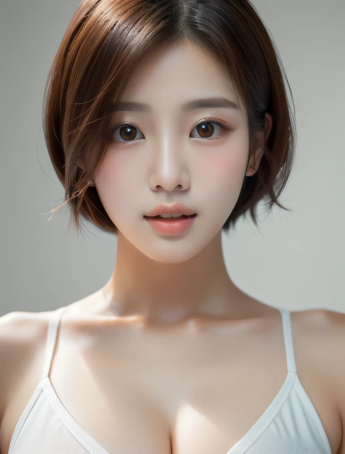 Close-up of a woman with very large breasts, beautiful south Korean women, beautiful young Korean women, Young and adorable Korean face, gorgeous young Korean women, Korean Girls, Young and pretty Asian face, Korean symmetrical face, Short Hair, Korean women, Girl cute beautiful face, Beautiful Asian, Beautiful Asian Faces, Korean facial features、Photorealistic、Round eyes、Baby Face、Big eyes、masterpiece、