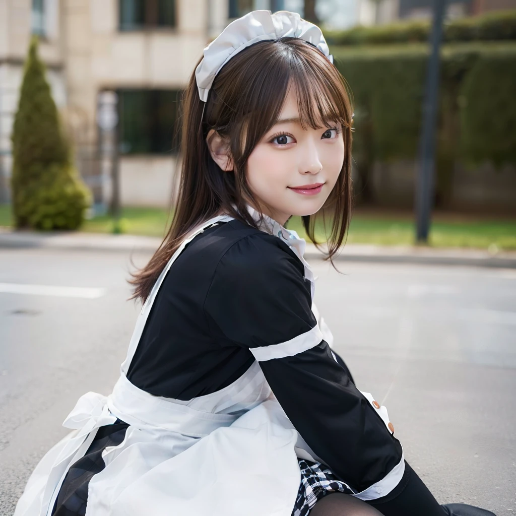 In 8K,Highest quality:1.4, Ultra-high resolution:1.5, (Realistic:1.4),masterpiece:1.2,(Highest quality:1.4)、 RAW Photos、 (The background is blurred), 1 Japan, cute, (alone:1.4), (A shy smile), Smooth Skin、 (Brown medium hair,bangs),Nogizaka,Flexible fingertips,Beautiful dark eyes、dual、Natural skin texture:1.3, Realistic eye and facial details:1.7、Mid-breasted、Daytime、Tight ass:1.5、Staring at the audience,The camera3mBackwards, Hilarious,(maid:1.2),bow,Long sleeve, black sleeves,(Black checked long tights:1.5),maidの頭飾り,maid apronl,cafeteria,Upper Body:1.8,(Fine hair:1.1), (Detailed eyes:1.1)