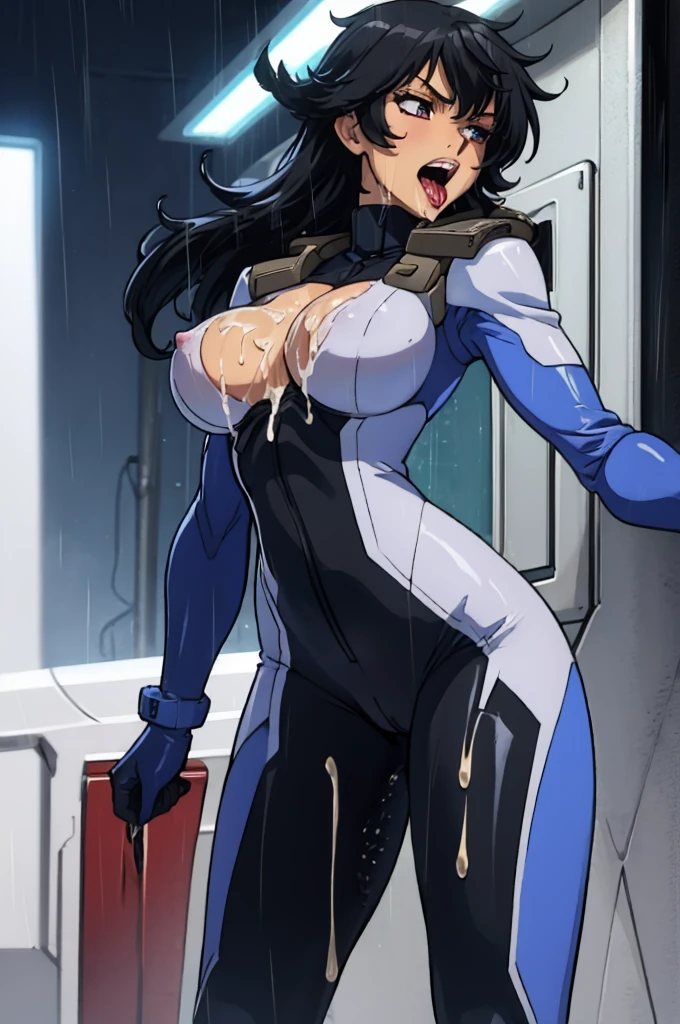 best quality, ultra-detailed, best illustration, masterpiece, high res (1girl:1.3), (large breasts:1.5), cleavage, closed mouth, (), ((1girl)), ((((solo))), (((alone))), (((genderbend))), (((female))), wide hips, thick thighs, flat chest , narrow waist, ((porn movie)), ((sexy skin tight latex daek blue celestial being pilot suit)), ((anime artstyle)), long eyelashes, ((((long black hair)))), ((prostitute)), (((at night))), (red lipstick), (black eyeshadow), (in the dark), smiling, (on her knees), (((cum on face))), (((exsesive amount of cum on mouth))), (((exsesive amount of cum on Breasts))), (((open mouth))), (((tongue out))), (((overflowing cum))), ((wet)), (((raining)))