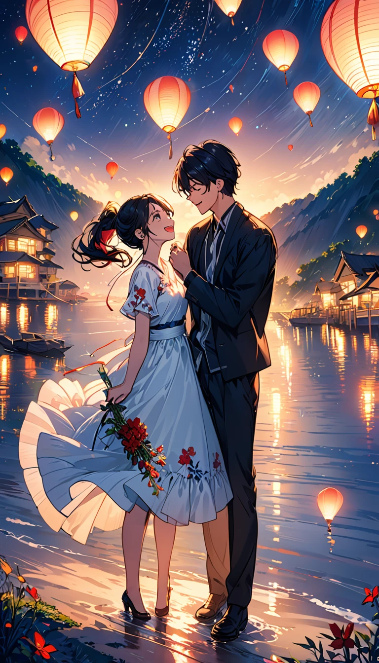 (Highest quality、Very detailed、Real:1.37)、humor、Beautiful views、night、Starry Sky、Manga style、Desaturate、and、Fun couple、Laughter、Floating Love、