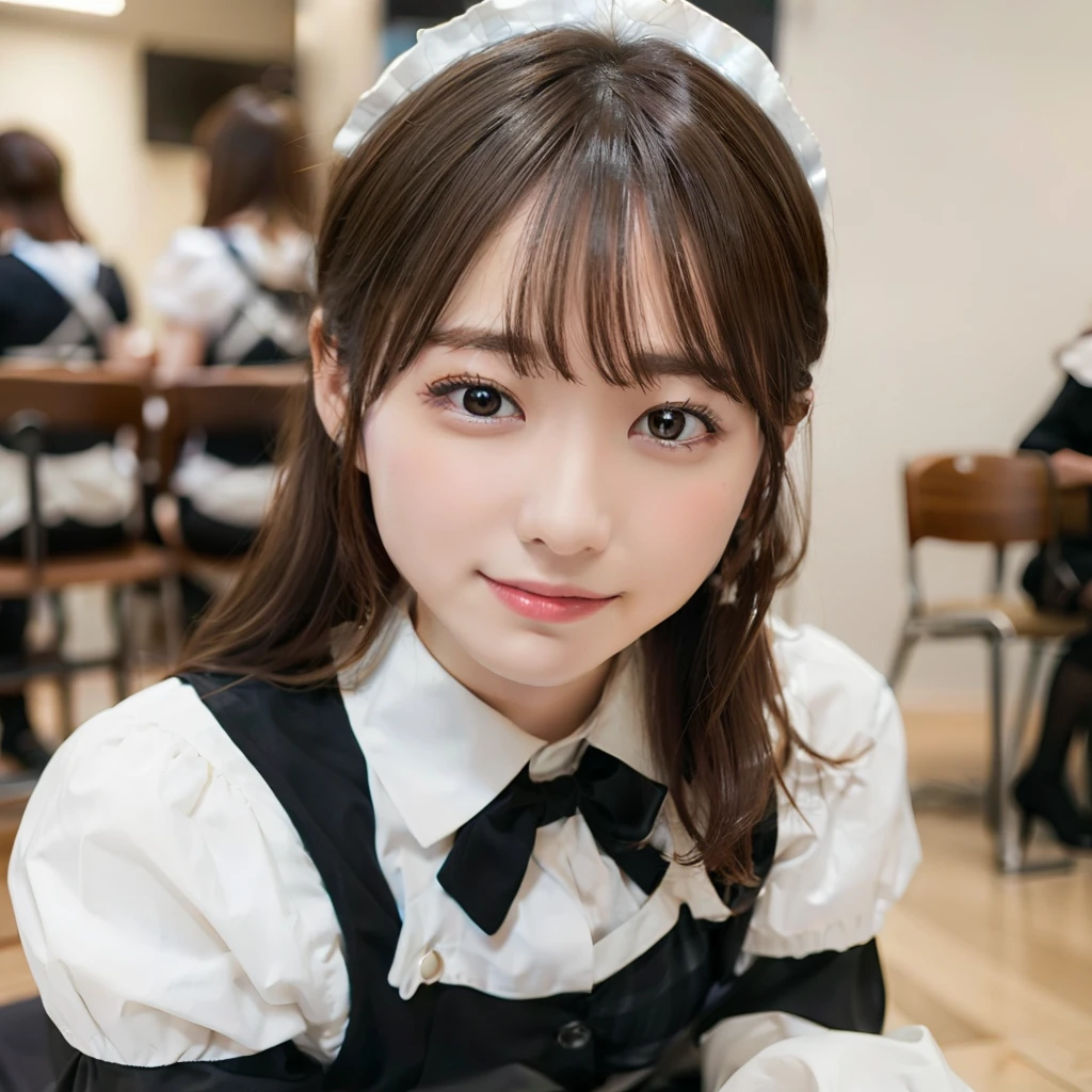 In 8K,Highest quality:1.4, Ultra-high resolution:1.5, (Realistic:1.4),masterpiece:1.2,(Highest quality:1.4)、 RAW Photos、 (The background is blurred), 1 Japan, cute, (alone:1.4), (A shy smile), Smooth Skin、 (Brown medium hair,bangs),Nogizaka,Flexible fingertips,Beautiful dark eyes、dual、Natural skin texture:1.3, Realistic eye and facial details:1.7、Mid-breasted、Daytime、Tight ass:1.5、Staring at the audience,The camera3mBackwards, Hilarious,(maid:1.2),bow,Long sleeve, black sleeves,(Black checked long tights:1.5),maidの頭飾り,maid apronl,cafeteria,Upper Body:1.8,(Fine hair:1.1), (Detailed eyes:1.1)