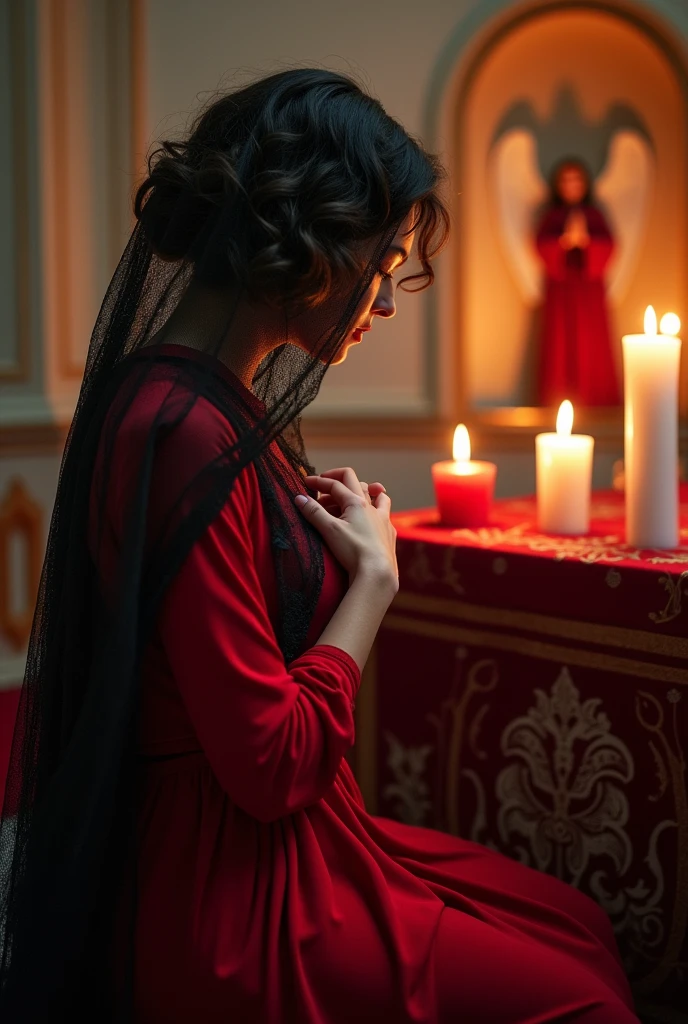 WOMAN IN RED, WITH SHORT WAVY HAIR, AND WEARS A BLACK LACE VEIL COVERING HER FACE. PRAYING KNEELING WITH EYES CLOSED WITH HANDS ON HEART IN FRONT OF AN ALTAR WITH LIT RED AND WHITE CANDLES AND LIT INCENSE, WHERE AN ANGEL IN RED LISTEN TO HER PRAYER FROM A LIGHT