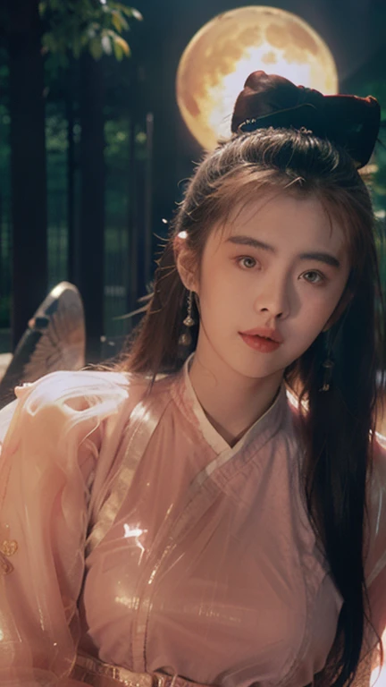 Nie Xiaoqian,Huan Su Xian, BG_picture,Wear ancient Chinese clothes (Translucent, Sparkling Pink Outfit:1.4), hair bun,alone,1 woman,long hair,angel,realistic,Chinese clothes,Hanfu,hair bun,lips,parted lips,look at the audience.,upper body(The backdrop is ancient China amidst a demon forest.:1.2),(Standing in the crimson glow of a full moon.:1.3),, เห็นตัวเธอด้านหน้าทั้งตัวbest quality , Masterpiece, illustration, Very delicate and beautiful, มีรายvery detailed ,CG,unity,8K wallpaper, Marvelous, exquisite details, Masterpiece, best quality,official art,มีรายvery detailed CG unity 8K wallpaper,nonsense, incredibly nonsense, Big file size , very detailed, height, มีรายvery detailed,Beautiful girl with details, มีรายvery detailed eyes and face, Beautifully detailed eyes,light on face,