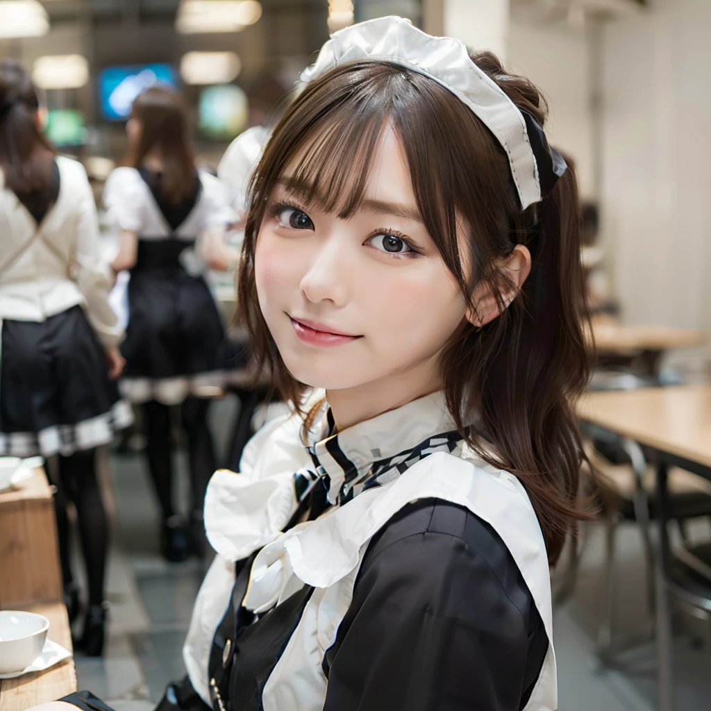 In 8K,Highest quality:1.4, Ultra-high resolution:1.5, (Realistic:1.4),masterpiece:1.2,(Highest quality:1.4)、 RAW Photos、 (The background is blurred), 1 Japan, cute, (alone:1.4), (A shy smile), Smooth Skin、 (Brown medium hair,bangs),Nogizaka,Flexible fingertips,Beautiful dark eyes、dual、Natural skin texture:1.3, Realistic eye and facial details:1.7、Mid-breasted、Daytime、Tight ass:1.5、Staring at the audience,The camera3mBackwards, Hilarious,(maid:1.2),bow,Long sleeve, black sleeves,(Black checked long tights:1.5),maidの頭飾り,maid apronl,cafeteria,Upper Body:1.8,(Fine hair:1.1), (Detailed eyes:1.1)