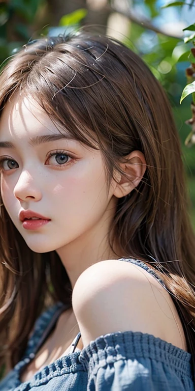 (masterpiece: 1.2, Portraiture, Highest quality), Realistic, (Live Action, Intricate details, Written boundary depth), Highest quality, masterpiece, Attention to detail, semi-Realistic, Sleeping on the grass, shy, 21 years old, Short blonde, blue eyes, blonde、 Slim figure、Shoulder Bare、Shorts 、Blue sky and a few clouds
