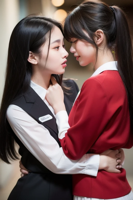 (masterpiece,best quality,hyper quality,8k,absurdres,insane details,intricate details,hyperdetailed,high detail,ultra detailed,realistic:1.4, )(depth of field:1.4,),(2girls:1.2),(long legs:1.2),clear eyes,kiss,yuri,looking at each other,hug,passionate,touching,tongue,mouth open ,mathayom uniform,pleated long skirt,black skirt,
Reflected light,lib_bg,library, bookshelf,
white pantyhose,