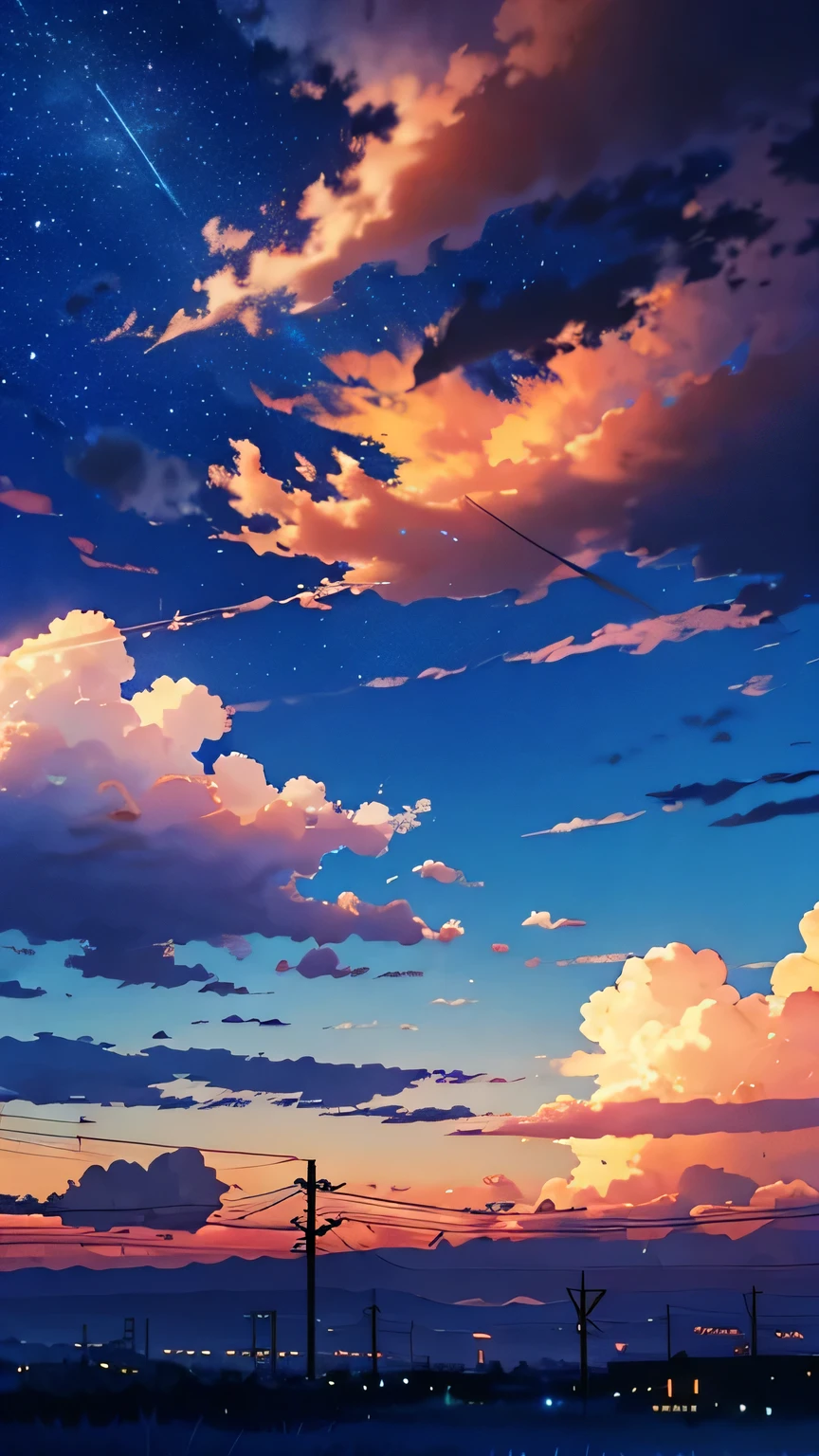 clouds ，blue sky(fair，cumulus) sunset，universe，meteor，town，Flowing clouds，cat(Silhouette)，Overall watercolor style，Serene and refreshing，