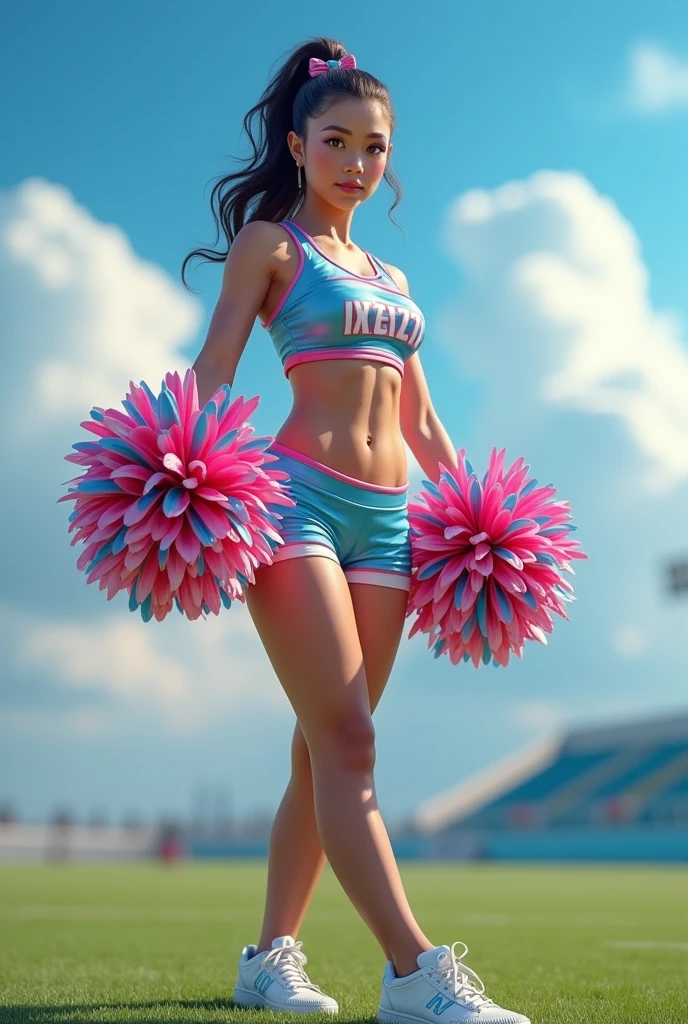 A beautiful cheerleader in a colorful uniform、 (best quality,4K,8k,highres,masterpiece:1.2),ultra-detailed,(realistic,photorealistic,photo-realistic:1.37),HDR,uhd,studio lighting,ultra-fine painting,sharp focus,physically-based rendering,extreme detail description,professional、Bright colors、Bokeh、Portrait、Dynamic pose、Energetic look、sports、Softness、Exquisitely detailed body and face、Beautifully detailed eyes、Detailed mouth、Big Breasts、Tight waist、Detailed thighs、Long legs、High Ponytail、Colorful pom poms、Metallic sky blue and metallic pink uniforms、Sky blue and pink sneakers、Outdoor field、blue sky、Fluffy Clouds