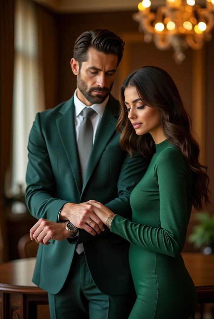 A super confident man in a suit adjusting his sleeve with a woman next to him in a green dress