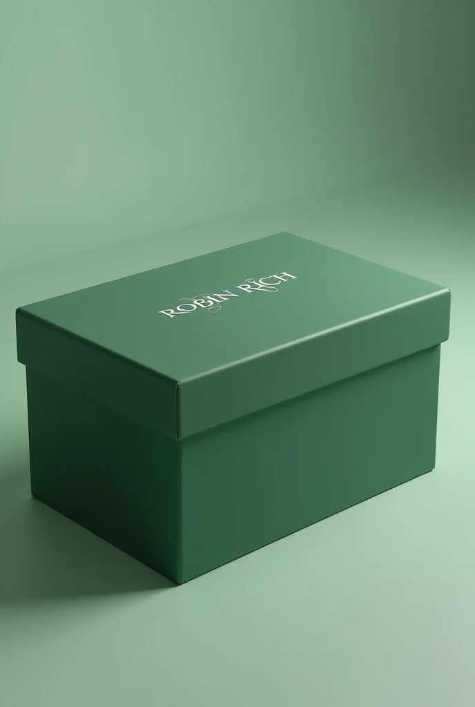 green shoebox with ROBIN RICH written in white on top in a formal font
