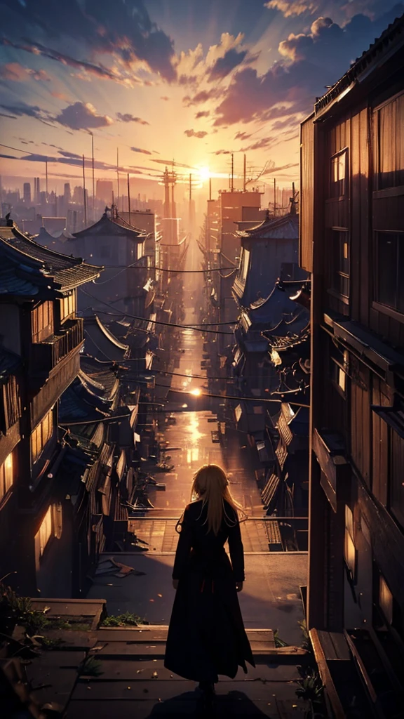 １people々々々々,Blonde long-haired woman，Long coat， Dress Silhouette， Rear View， Anime Style, I'm looking at the ruined city from the rooftop.，Countless missiles covering the sky，