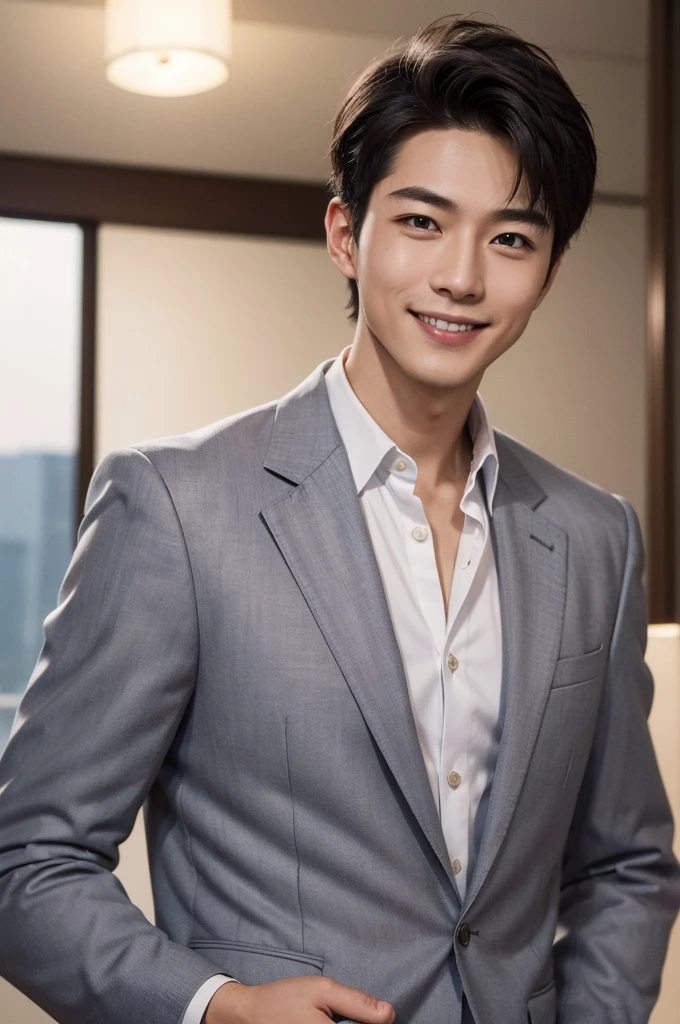 (Masterpiece、Perfect handsome man), (Young 1 male, Silver short hair, smile), (secretary, suit), President&#39;s office, Modern Office, night