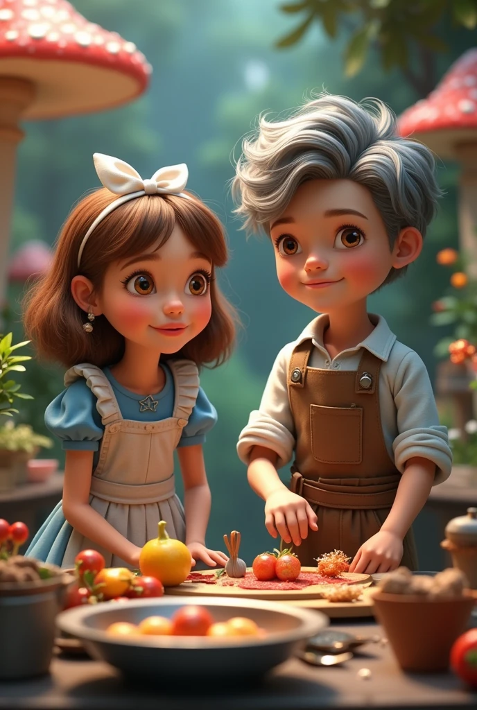 Teenage Alice with brown hair and cute teenage boy with gray hair , Cooking together in Wonderland