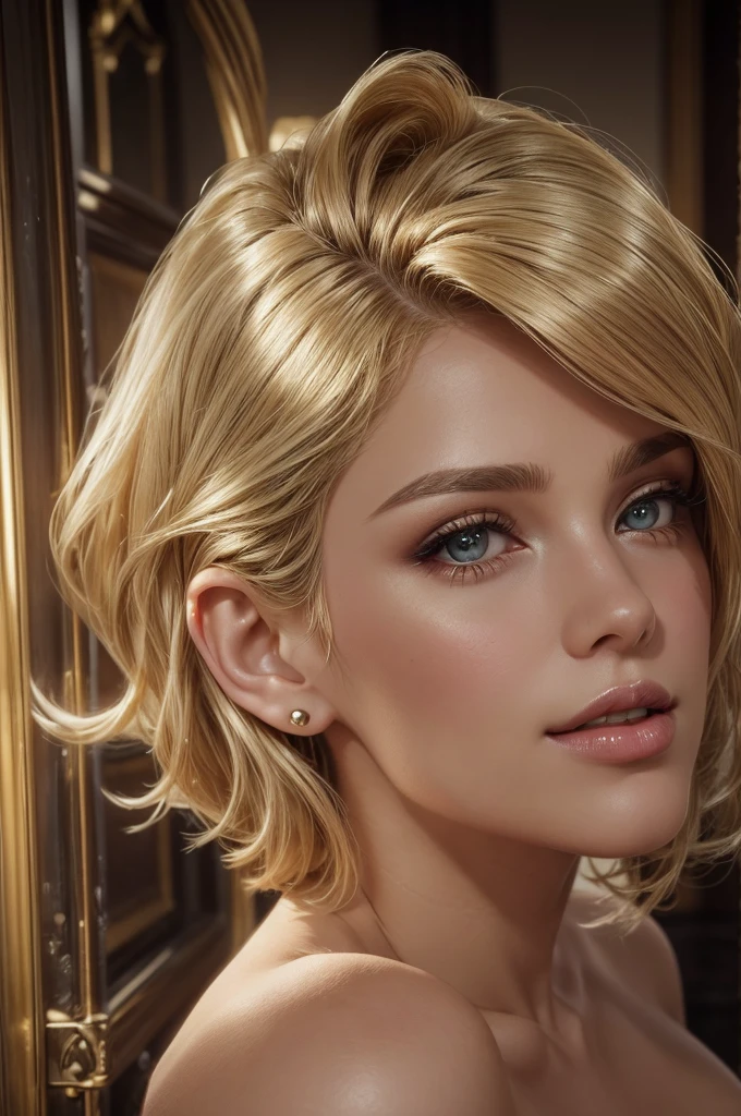Extreme close up of a beautiful young woman with ((shoulder-length blonde hair styled in a wavy bob)). She has dark green eyes, pale skin, and makeup. She is wearing black lingerie, and pearl stud earrings. Hourglass figure, toned body.  The background is blurry and neutral. The image is highly realistic and detailed, with a focus on the woman's face and expression.
Style: Photorealistic, hyperrealistic, or 3D render.
Lighting: Soft, natural lighting.
Mood: Serene, calm, and confident. 