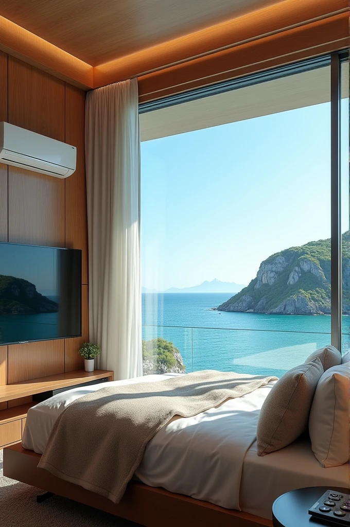 A beautiful bedroom with tv inch 50 and air conditioner with a sea view