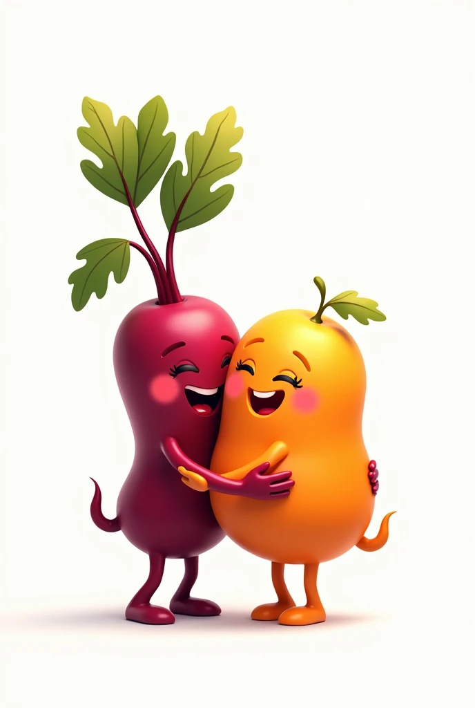 A smiling beetroot, glad, hugging a smiling orange, glad, white background