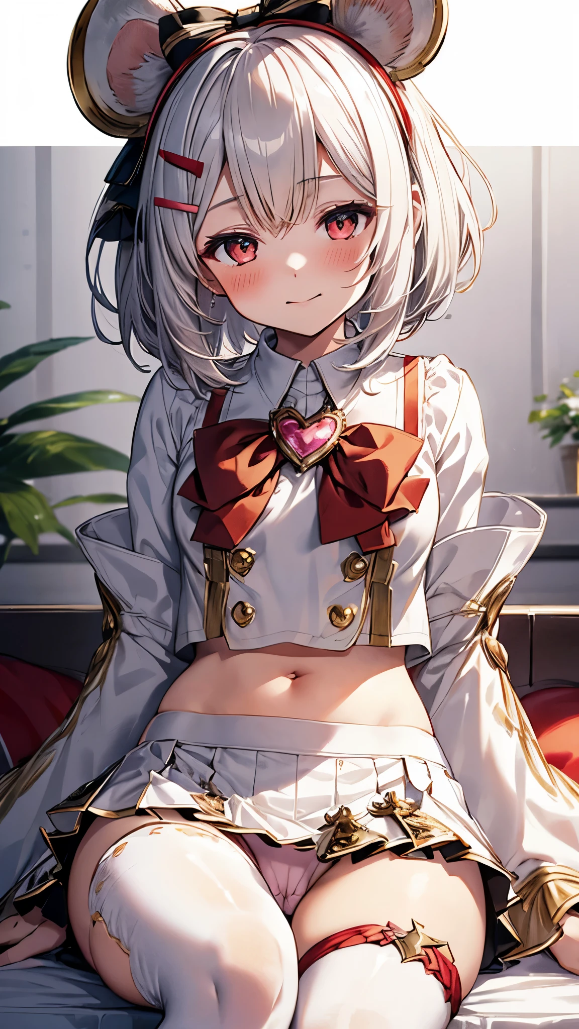 vikaladef, white hair,short hair, white shirt, crop top, frilled white miniskirt, heart brooch, hairclip, hair bow, buttons, wide sleeves, thigh strap, midriff,flat chest,(chibi:1.3),blush,smile,white panty,(upper body:1.3), embarrassed ,blush,(sitting:1.3),(leg up),(cameltoe:1.3),
masterpiece,Noise Reduction,perfect anatomy,high resolution, ultra-detailed, ultra-detailed face,game cg,dutch angle ,beautiful detailed eyes,visualart,five fingers, perfect hands, perfect lighting, sparkling pupils,