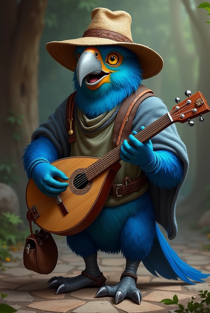 A realistic Kenku like a blue macaw as the bard of D&D using a lute and a small pouchet, with a medium worn straw hat 