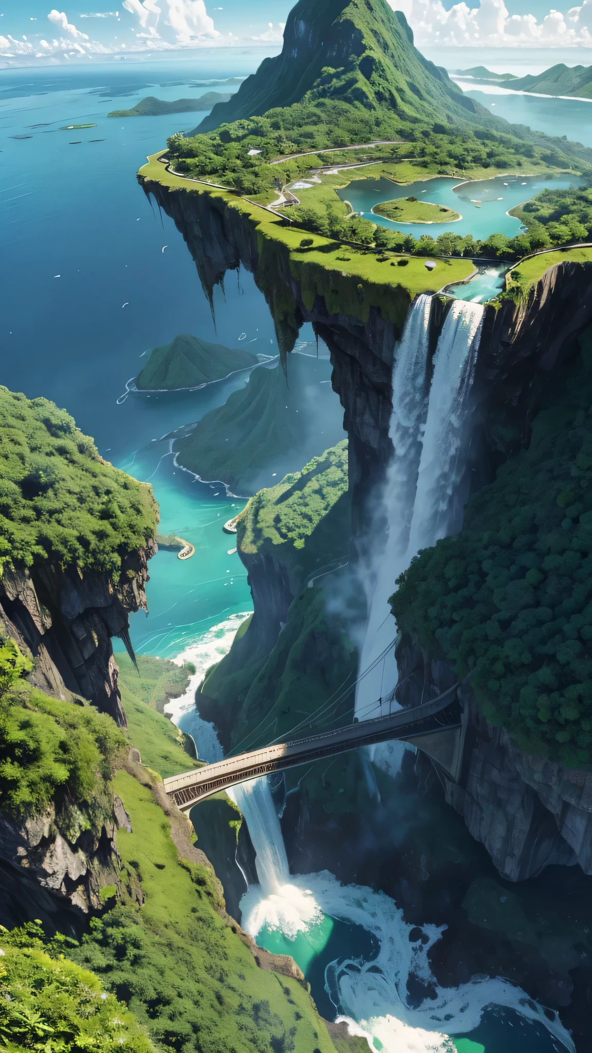 Imagine a series of lush, green islands floating in the sky, connected by winding, twisting bridges. Each island has its own tiny ecosystem, with waterfalls that cascade into the clouds below.