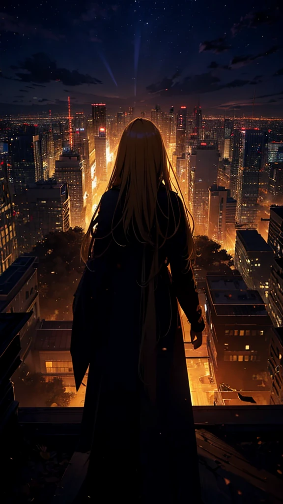 １people々々々々,Blonde long-haired woman，Long coat， Dress Silhouette， Rear View， Anime Style, Night view of the dilapidated city from the rooftop，Countless missiles covering the sky，