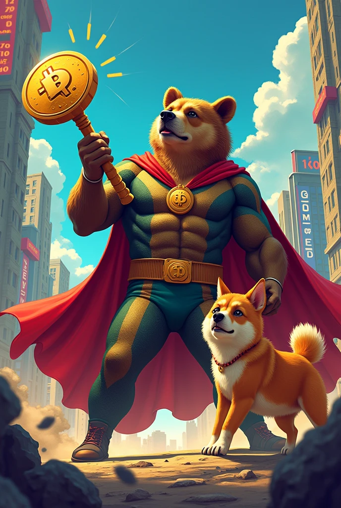 Generate an image of Chapolin with his hammer and Bitcoin shield defeating a bear, with your Shiba Inu dog with Dog Shield, a trending cryptocurrency market