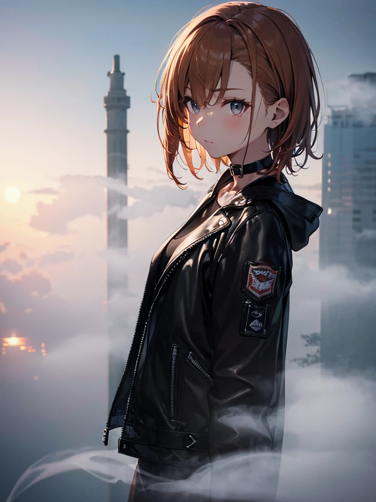 (Mysterious Fog:1.5), The background is a lake, Morning Glow:1.5, Black Leather Jacket, Misaka Mikoto, 1girl, black choker, uhd, retina, masterpiece, ccurate, anatomically correct, textured skin, super detail, high details, high quality, best quality, highres, 4K