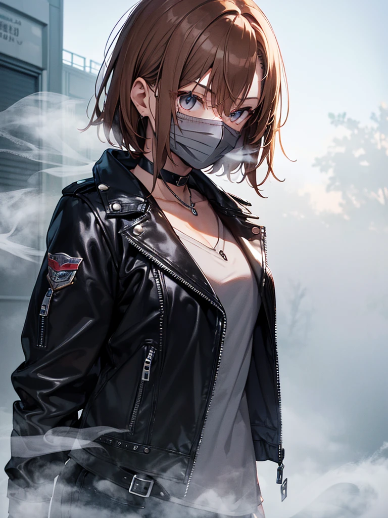 (Mysterious Fog:1.5), The background is a lake, Morning Glow:1.5, Black Leather Jacket, Misaka Mikoto, 1girl, black choker, uhd, retina, masterpiece, ccurate, anatomically correct, textured skin, super detail, high details, high quality, best quality, highres, 4K