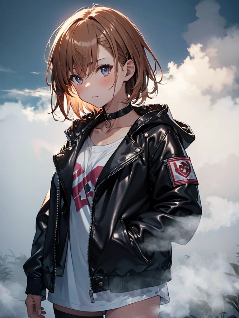 (Mysterious Fog:1.5), The background is a lake, Morning Glow:1.5, Black Leather Jacket, Misaka Mikoto, 1girl, black choker, uhd, retina, masterpiece, ccurate, anatomically correct, textured skin, super detail, high details, high quality, best quality, highres, 4K