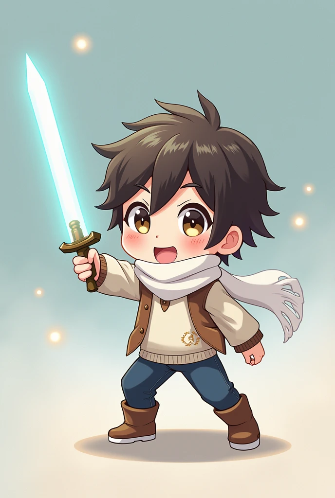 Anime chibi boy wears a white scarf and wears a white and brown sweater and uses a ghost sword