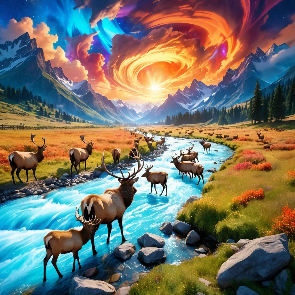 ((masterpiece)), best quality, (8k, best quality, masterpiece: 1.2), ultra-detailed, a herd of elk walking along a river in a mountain valley. colorful, colorful sky with a bright orange and blue nebula, twisted clouds, magic, (best quality,4k,8k,highres,masterpiece:1.2), ultra-detailed, studio lighting, ultra-fine painting, sharp focus, physically-based rendering, extreme detail description, professional, vivid colors, fantasy, Anime style, ImgFixerPre0.3