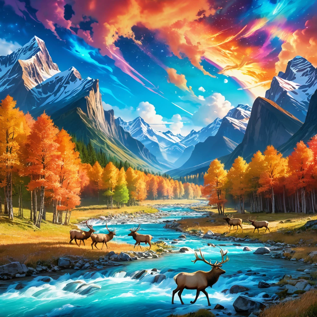 ((masterpiece)), best quality, (8k, best quality, masterpiece: 1.2), ultra-detailed, a herd of elk walking along a river in a mountain valley. colorful, colorful sky with a bright orange and blue nebula, twisted clouds, magic, (best quality,4k,8k,highres,masterpiece:1.2), ultra-detailed, studio lighting, ultra-fine painting, sharp focus, physically-based rendering, extreme detail description, professional, vivid colors, fantasy, Anime style, ImgFixerPre0.3