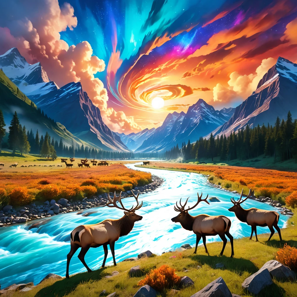 ((masterpiece)), best quality, (8k, best quality, masterpiece: 1.2), ultra-detailed, a herd of elk walking along a river in a mountain valley. colorful, colorful sky with a bright orange and blue nebula, twisted clouds, magic, (best quality,4k,8k,highres,masterpiece:1.2), ultra-detailed, studio lighting, ultra-fine painting, sharp focus, physically-based rendering, extreme detail description, professional, vivid colors, fantasy, Anime style, ImgFixerPre0.3