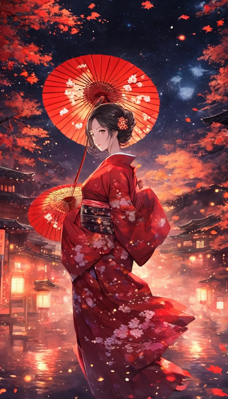 Autumn in Space、A girl in a crimson kimono、Make the background darker and more night-like