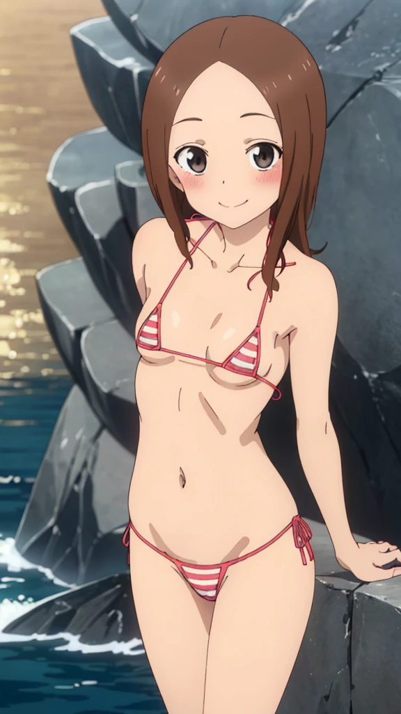 (masterpiece, 4K, Highest quality, anime style: 1.9, Detailed face, Lovely, Bold Line, High resolution,Ocean,bold, High resolution, anime, Lake 4,alone, Curvaceous, Small breasts,Very slim belly, Cowboy Shot, Slingshot micro bikini,1 girl,clannad,nagisa furukawa,blush,Embarrassed face,Pink Swimsuit,Ocean