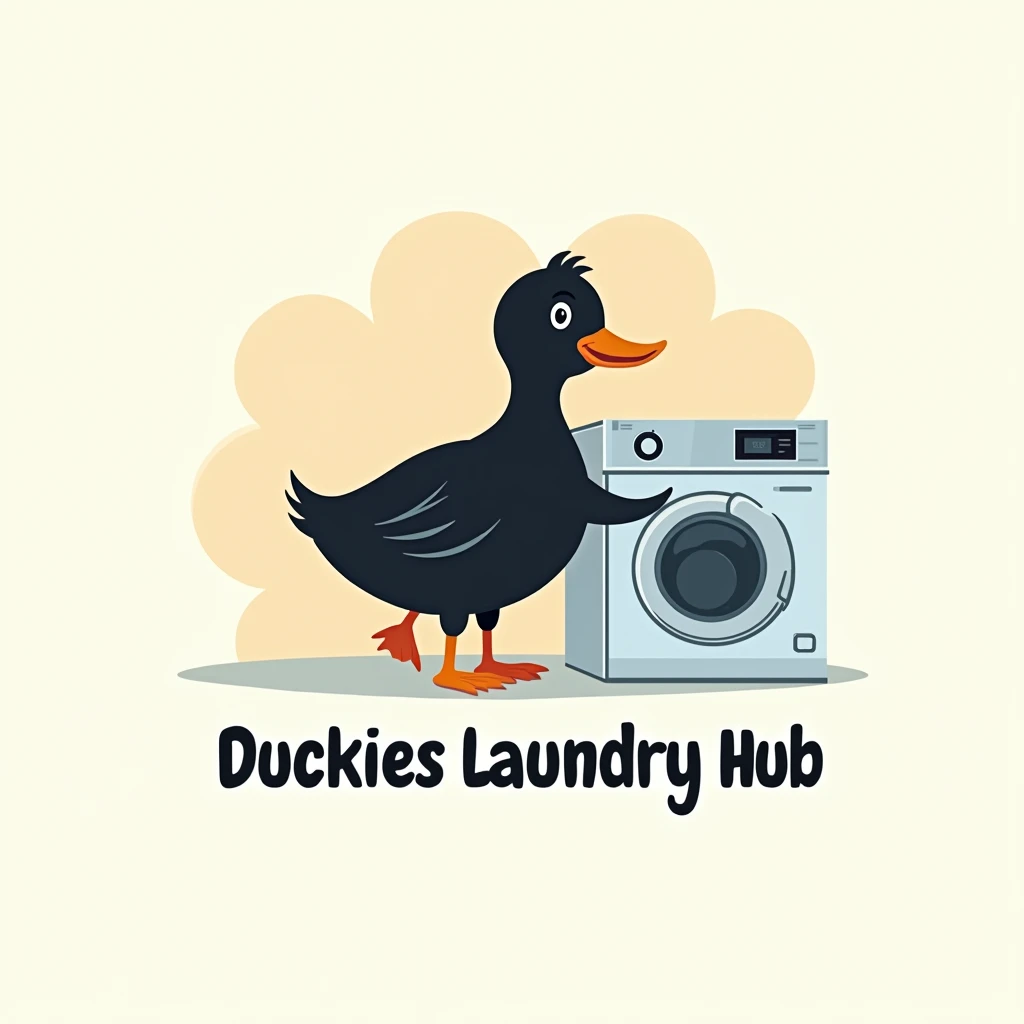 make a logo of a black happy duck leaning in
the washing machine and put a caption below it "Duckies Laundry Hub"