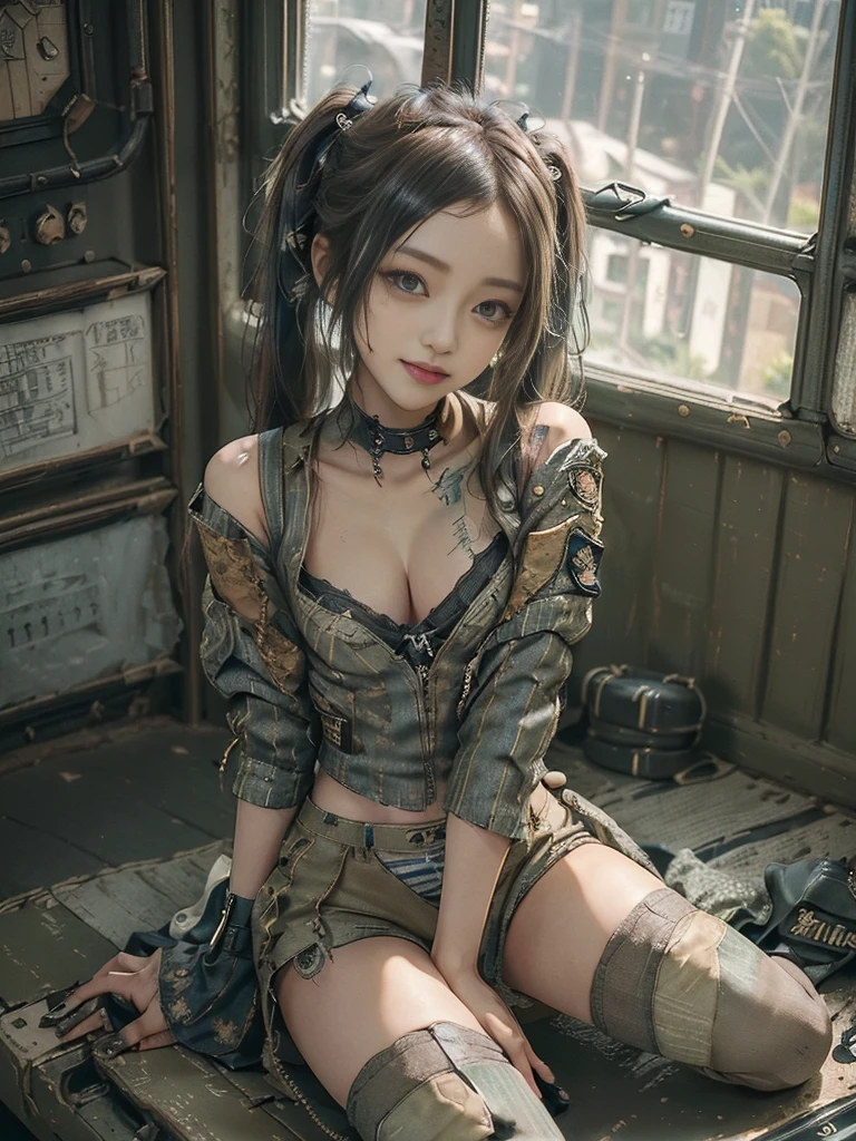 (Sit with your legs apart:1.5),(Full Body View:1.ide view:1.1)、(Please smile with your teeth showing:1.3),(Shibuya Gal:1.5)、(Goth Style Fashion:1.5)、(Tattered khaki and gray futuristic micro high leg bodysuit:1.5)、(Tattered Khaki and Moss Green Micro Fancy Sleeves:1.5)、(Tattered khaki micro shorts:1.5)、(Brown and khaki knee socks:1.3)、(camouflage:1.3)、(Military jacket:1.4)、Brown boots、Khaki gloves、internal、(The underwear is striped:1.4)、23 years old、(do a gravure pose:1.3)、((Highest quality、8k、masterpiece:1.3))、One person、The beauty of slim abs:1.3、(Hairstyle Casual、Big T、dress:1.1、Super smallce、Narrow eyes、double eyelid、Laughter、Esbian all over body、Dynamic Angle、Close-up、CPL Filter、Blurred Background、Bokeh、Blue Hour、Detailed face and skin texture、Detailed Eyes,(Twin tails:1.3)、(Brown-golden hair:1.4)、Gravure idol pose、(The background is the cockpit of a staf-the-art weapon.:1.3)、(The body is slim:1.2),(Slim legs:1.4),(clavicle:1.1)