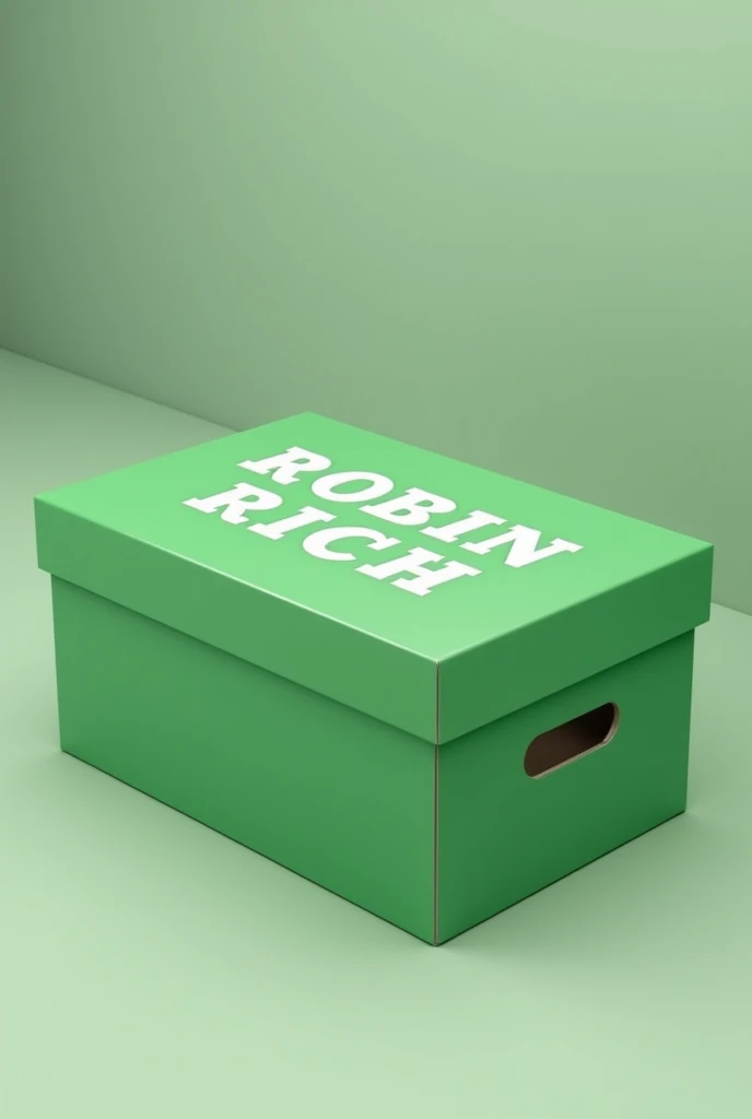 green shoebox with ROBIN RICH written in white on top in "times new roman" font