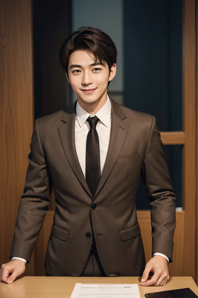 (Masterpiece、Perfect handsome man), (A man in his 30s, Brown short hair, smile), (secretary, suit), President&#39;s office, Modern Office,