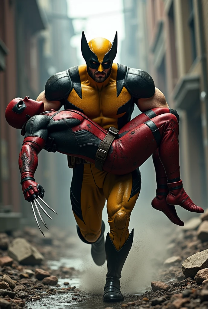 Wolverine is carrying Deadpool in his arms