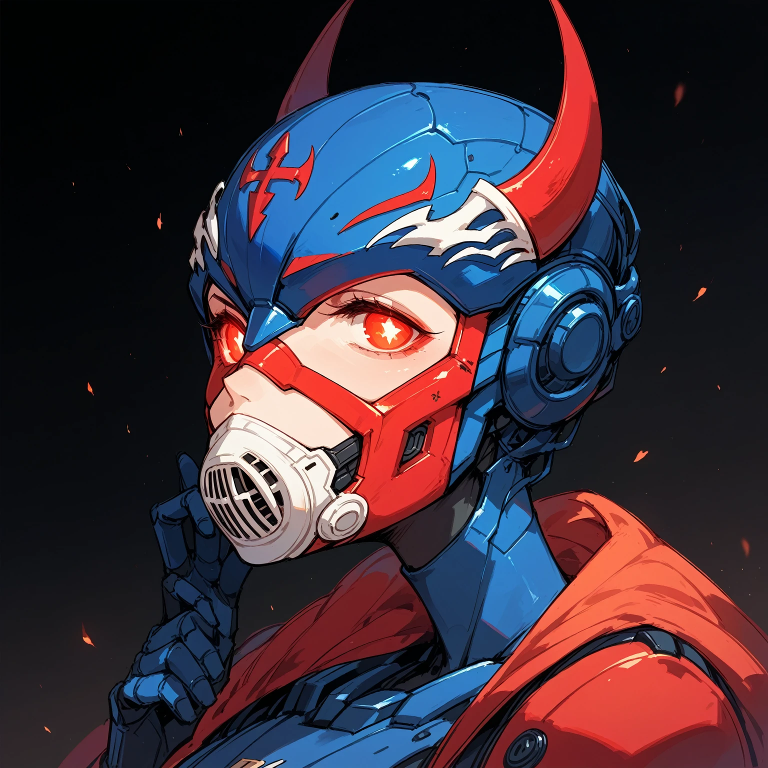 Anime Style,Mechanical Hannya Mask,A woman wearing a Hannya mask,Glowing Eyes、Iron Man Mask,Mask covering the mouth,