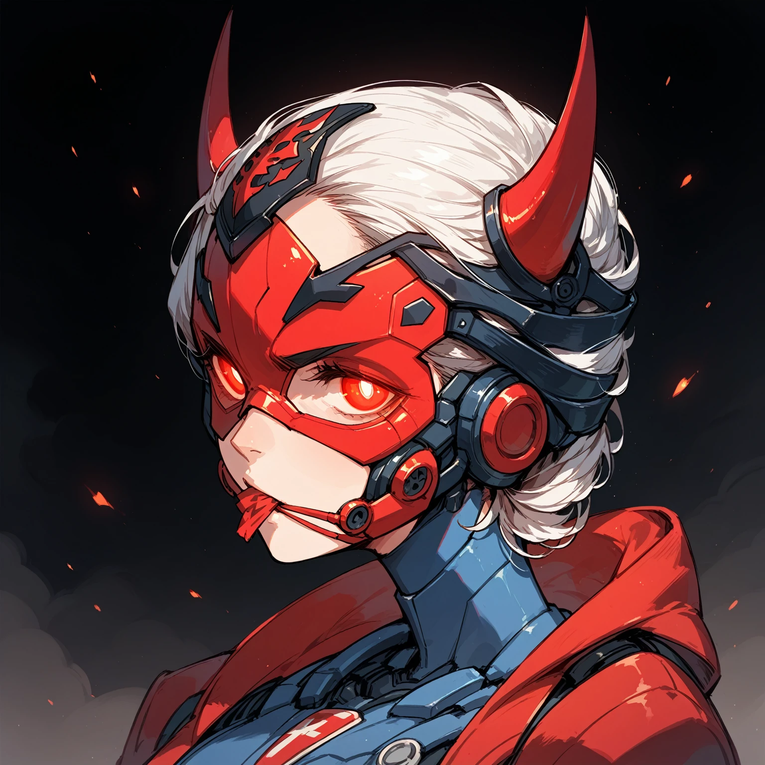 Anime Style,Mechanical Hannya Mask,A woman wearing a Hannya mask,Glowing Eyes、Iron Man Mask,Mask covering the mouth,